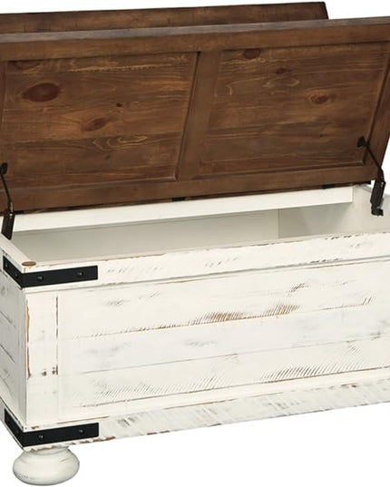 Signature Design by Ashley Wystfield Farmhouse Square Storage Coffee Table with Hinged Lift Top, Distressed White - LeafyLoom