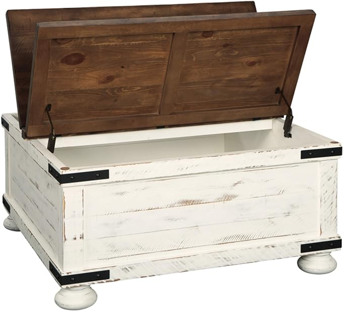 Signature Design by Ashley Wystfield Farmhouse Square Storage Coffee Table with Hinged Lift Top, Distressed White and End Table with Storage, Distressed White & Brown Finish - LeafyLoom