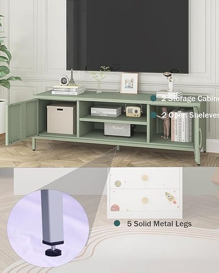 TV Stand for 55 60 inch TV, Metal TV Cabinet Modern Mid Century Entertainment Center with Storage, TV Industrial Media Console Table 2 Cabinet for Living Room, Bedroom, Office (Green) - LeafyLoom