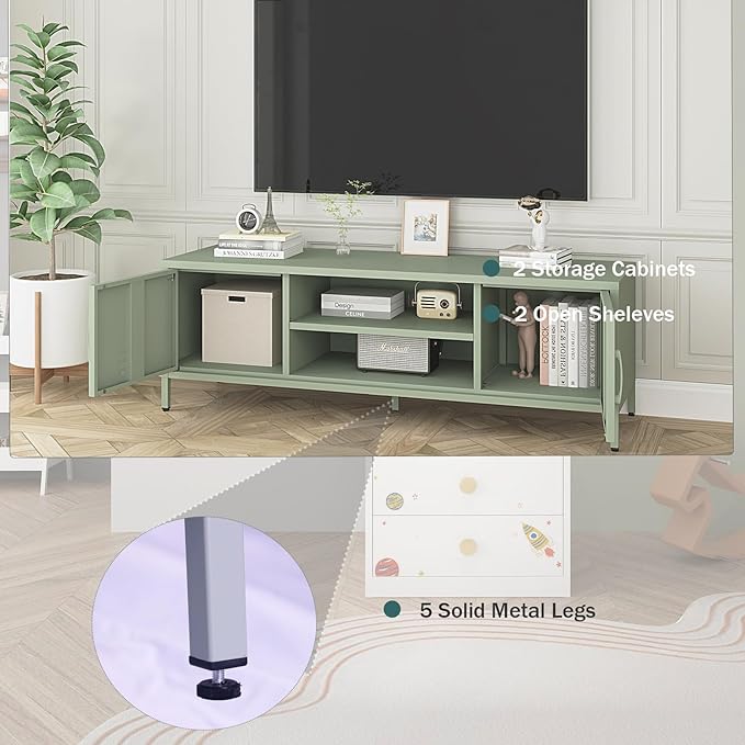 TV Stand for 55 60 inch TV, Metal TV Cabinet Modern Mid Century Entertainment Center with Storage, TV Industrial Media Console Table 2 Cabinet for Living Room, Bedroom, Office (Green) - LeafyLoom