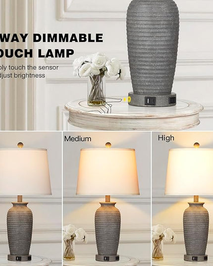 25" Farmhouse Jar Table Lamps Set of 2, 3 Way Touch Control Rustic Bedside Lamps with USB A+C Ports & AC Outlet, Pot Nightstand Lamps for Bedroom Living Room (LED Bulbs Included) - LeafyLoom