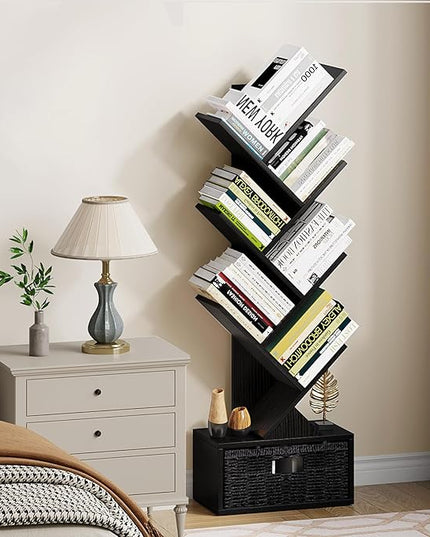 Vagusicc 6 Tier Tree Bookshelf, Modern Floor Standing Bookcase with Storage Drawer, Tall Wood Book Storage Rack for CDs/Books, Utility Book Organizer Shelves for Bedroom/Living Room/Home Office/Corner - LeafyLoom