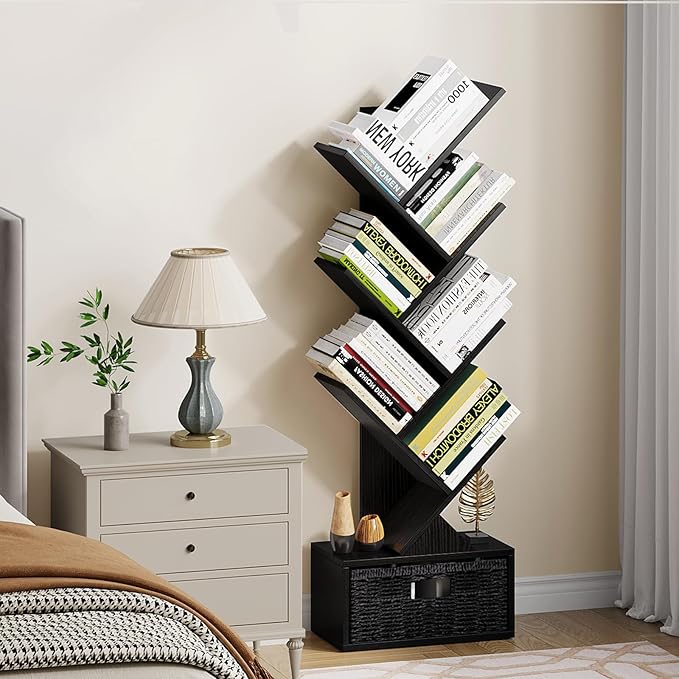 Vagusicc 6 Tier Tree Bookshelf, Modern Floor Standing Bookcase with Storage Drawer, Tall Wood Book Storage Rack for CDs/Books, Utility Book Organizer Shelves for Bedroom/Living Room/Home Office/Corner - LeafyLoom