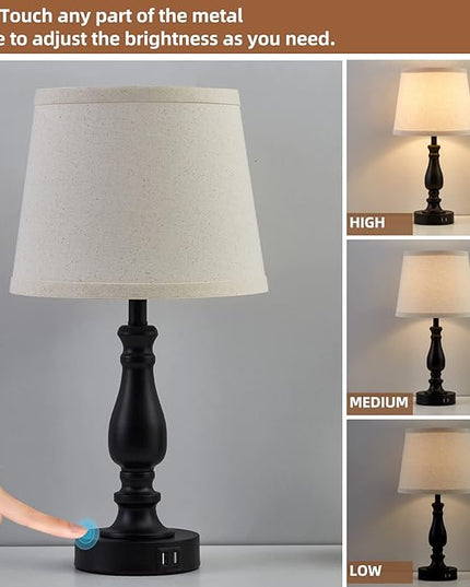 Lamps for Bedrooms Set of 2, Touch Bedside Table Lamps with USB Ports, 3 Way Dimmable Nightstand Lamps with Round Fabric Linen Lampshade for Living Room Reading Bed Side End Table, Bulbs Included - LeafyLoom