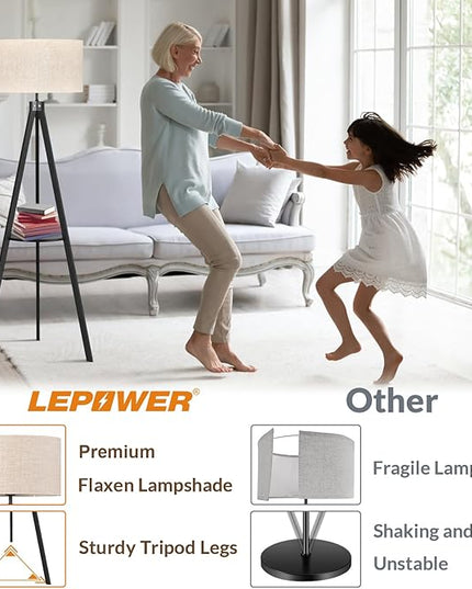 LEPOWER Tripod Floor Lamp, Mid Century Wood Standing Lamp, Modern Design Shelf Floor Lamp for Living Room, Bedroom, Office, Flaxen Lamp Shade with E26 Lamp Base Black - LeafyLoom