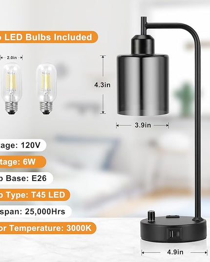 Industrial Desk Lamps for Office Set of 2 - Fully Dimmable Bedside Lamps with USB A C Ports and Outlet, Black Nightstand Lamps with Grey Glass Shade for Living Room, Table Lamps for Bedrooms Reading - LeafyLoom