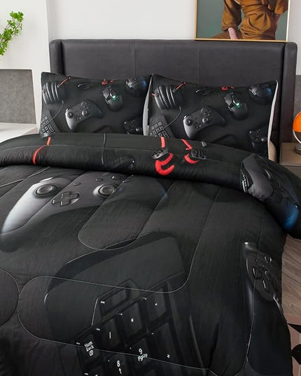 boys Gamer Comforter Set King Size,Gaming Comforter Set for Boys Kids Teens,Gamer Bedding Sets,3D Gaming Microfiber Quilts Gaming Room Decor All Season,Black - LeafyLoom