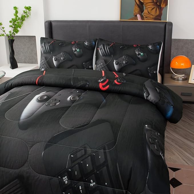 boys Gamer Comforter Set King Size,Gaming Comforter Set for Boys Kids Teens,Gamer Bedding Sets,3D Gaming Microfiber Quilts Gaming Room Decor All Season,Black - LeafyLoom
