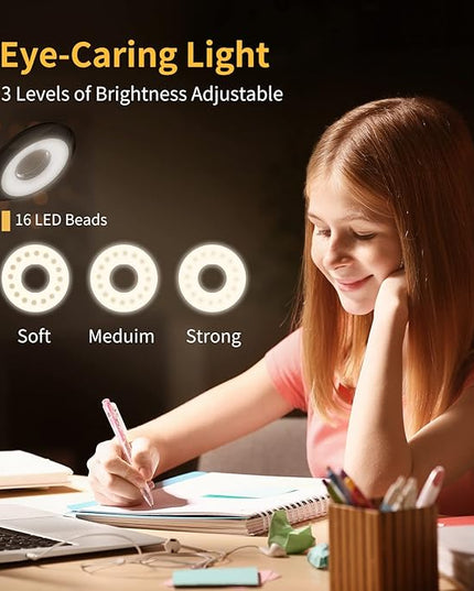 Clip on Light for Bed & Desk, Reading in Bed, Dorm, Battery Operated Rechargeable Clamp Lamp for Headboard, Eye-Caring LED Light with 3 Brightness Modes & Flexible Gooseneck (Black) - LeafyLoom