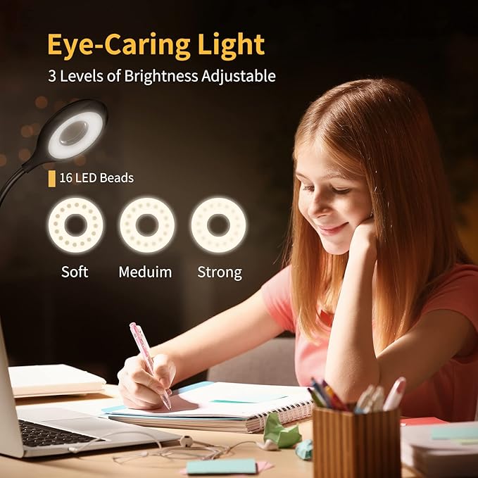Clip on Light for Bed & Desk, Reading in Bed, Dorm, Battery Operated Rechargeable Clamp Lamp for Headboard, Eye-Caring LED Light with 3 Brightness Modes & Flexible Gooseneck (Black) - LeafyLoom
