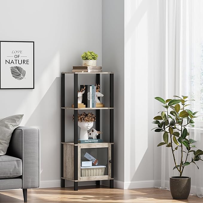 TUTOTAK 4 Tier Bookcase and Bookshelf, Narrow Book shelf with Door for Small Space, for Living Room, Office, Study, Entryway, Greige BS03BG004 - LeafyLoom