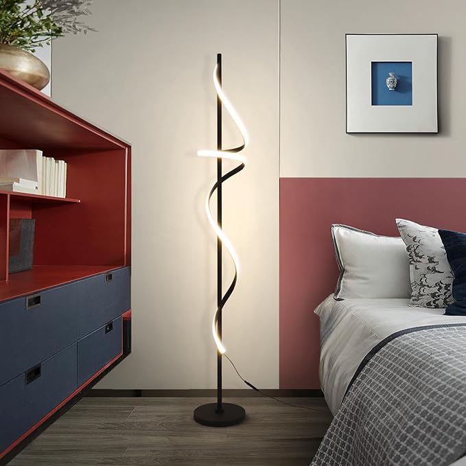Modern Spiral Floor Lamp with Remote Control, 48W LED Floor Lamps for Living Room, 3 Colors Dimmable Tall Standing Lamp for Living Room, 60'' Modern Floor lamp for Bedroom Black - LeafyLoom
