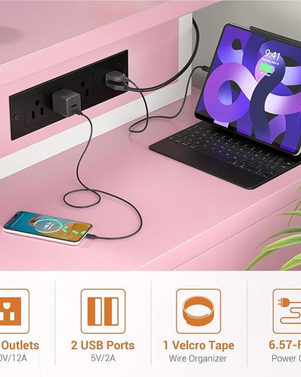 Computer Desk with 2 Fabric Drawers - Reversible Home Office Desk with Power Outlet & LED Lights, 53" Writing Desk with Monitor Stand & Storage Shelves, Gaming Desk Study Table with Pegboard, Pink - LeafyLoom