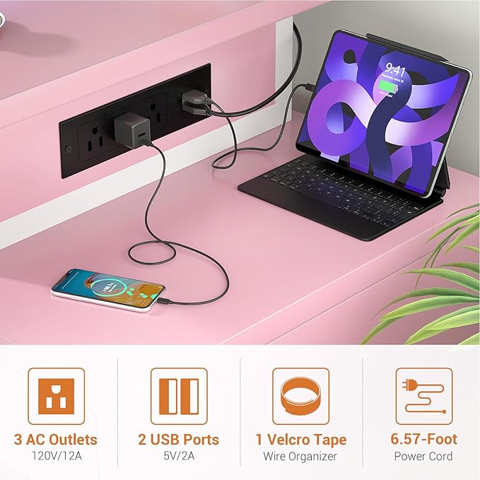 Computer Desk with 2 Fabric Drawers - Reversible Home Office Desk with Power Outlet & LED Lights, 53" Writing Desk with Monitor Stand & Storage Shelves, Gaming Desk Study Table with Pegboard, Pink - LeafyLoom