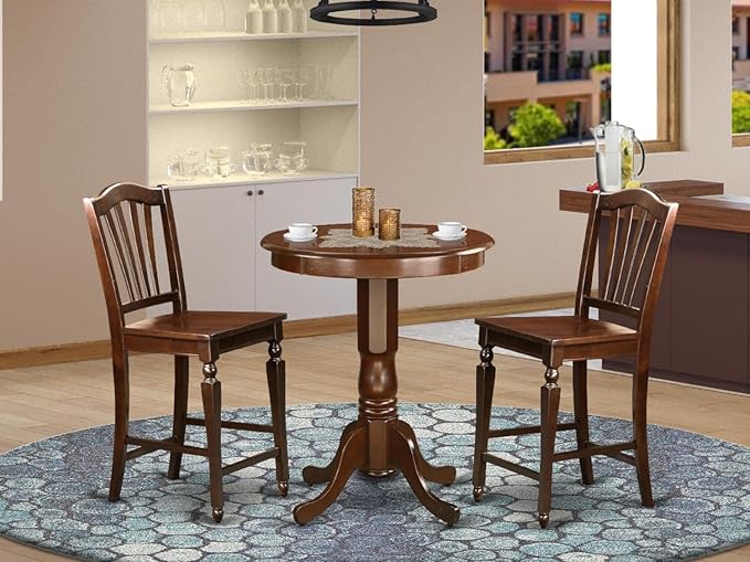 East West Furniture Eden 3 Piece Counter Height Set for Small Spaces Contains a Round Kitchen Table with Pedestal and 2 Dining Room Chairs, 30x30 Inch, Mahogany - LeafyLoom