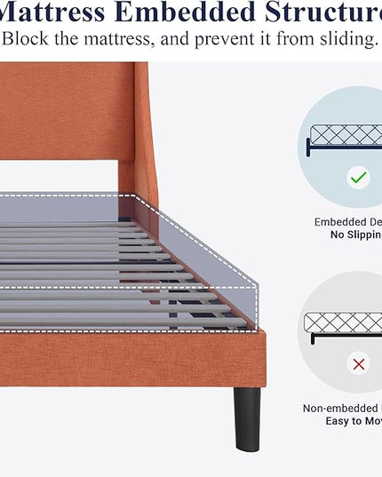 Allewie Queen Bed Frame, Platform Bed Frame Queen Size with Upholstered Headboard, Modern Deluxe Wingback, Wood Slat Support, Mattress Foundation, Burnt Orange - LeafyLoom