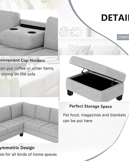 85" L-Shape Sectional Corner Sofa with Storage Ottoman, Modern Linen Upholstered Couch w/Convenient Cup Holder, for Living Room, Apartment, 85 Inch, Light Gray - LeafyLoom