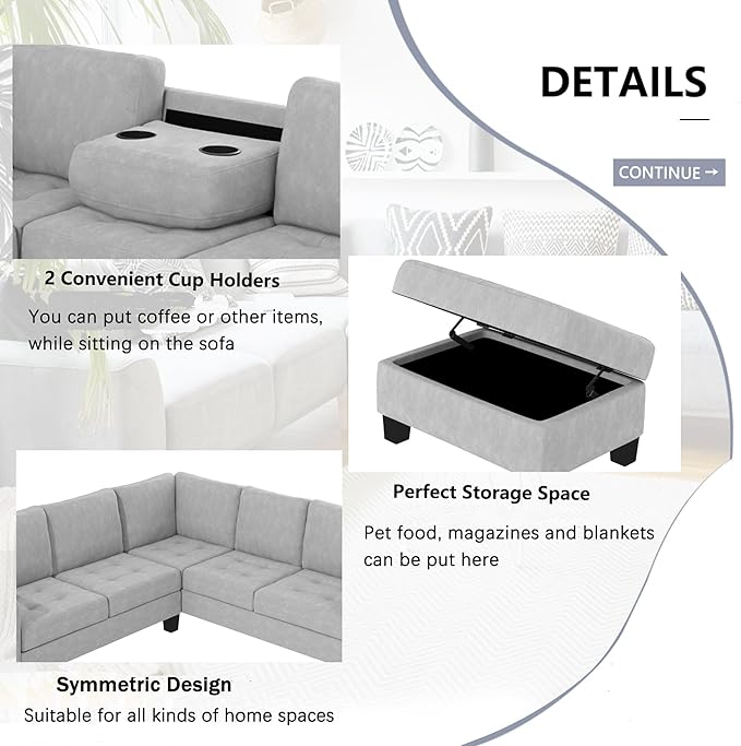 85" L-Shape Sectional Corner Sofa with Storage Ottoman, Modern Linen Upholstered Couch w/Convenient Cup Holder, for Living Room, Apartment, 85 Inch, Light Gray - LeafyLoom