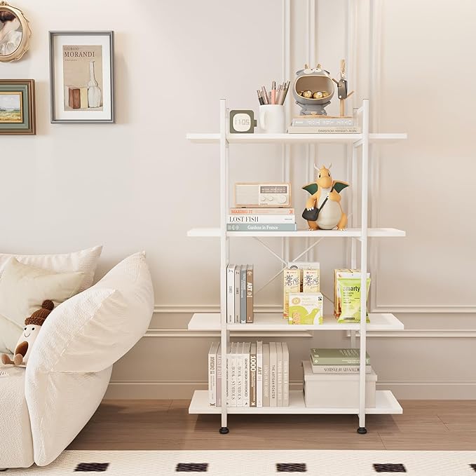 Bookshelf 4 Tiers White Wooden Storage Shelf,Modern Open Display Storage Bookcase Book Organizer,Metal Bookshelf Standing Storage Shelf Tall Shelving Units for Home Office Study - LeafyLoom