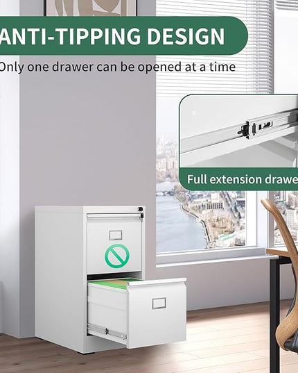 2 Drawer File Cabinet,Metal Vertical File Cabinets with Lock for Home Office,Heavy Duty Office Steel Filing Cabinet for Hanging Letters/Legal/A4, Assembly Required (White) - LeafyLoom