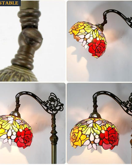WERFACTORY Tiffany Floor Lamp Red Rose Flower Stained Glass Arched Lamp 10X18X64 Inches Gooseneck Adjustable Corner Standing Reading Light Decor Bedroom Living Room S001 Series - LeafyLoom