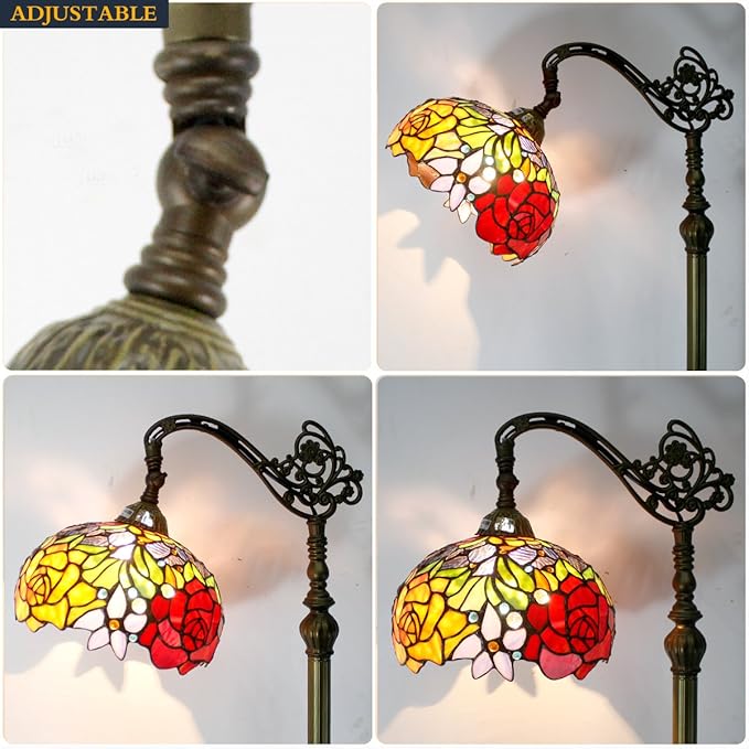 WERFACTORY Tiffany Floor Lamp Red Rose Flower Stained Glass Arched Lamp 10X18X64 Inches Gooseneck Adjustable Corner Standing Reading Light Decor Bedroom Living Room S001 Series - LeafyLoom
