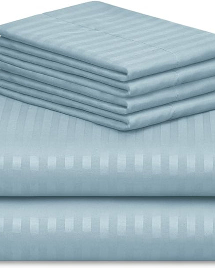 LuxClub 6 PC Cal King Size Sheet Set Bed Sheets, Breathable Luxury Bed Sheets, Deep Pockets 18" Wrinkle Free Cooling Bed Sheets Machine Washable Hotel Bedding (Cal King, Striped Light Blue) - LeafyLoom