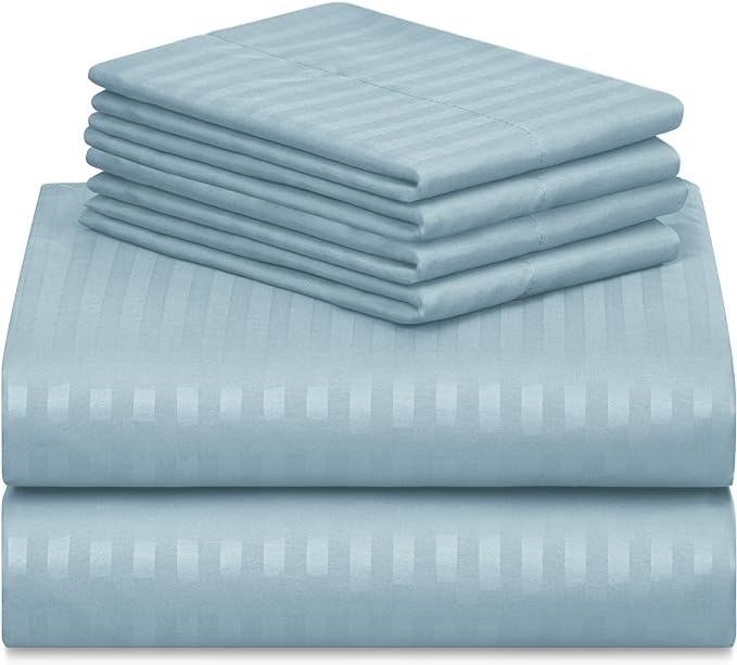 LuxClub 6 PC Cal King Size Sheet Set Bed Sheets, Breathable Luxury Bed Sheets, Deep Pockets 18" Wrinkle Free Cooling Bed Sheets Machine Washable Hotel Bedding (Cal King, Striped Light Blue) - LeafyLoom