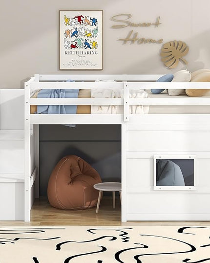 Twin Size Low Loft Bed with Storage Staircase,Kids Loft Bed Twin with Window,Space-Saving Low Loft Bed Frame for for Teens, Boys, Girls,White - LeafyLoom