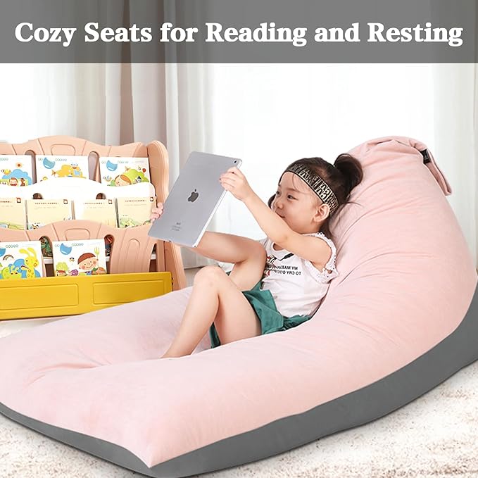 Stuffed Animal Storage Bean Bag Chair for Kids and Adults, Luxury Velvet Stuffed Animal Storage, Stuffie Seat - COVER ONLY(Pink & Dark Grey 200L/52 Gal) - LeafyLoom