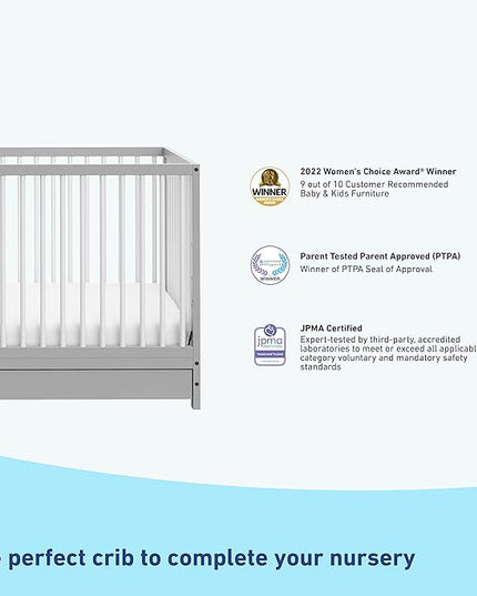 Graco Teddi 5-in-1 Convertible Crib with Drawer (Pebble Gray with White) – GREENGUARD Gold Certified, Crib with Drawer Combo, Full-Size Nursery Storage Drawer, Converts to Toddler Bed - LeafyLoom