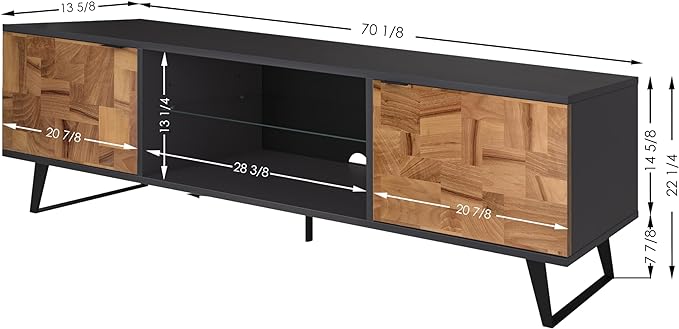 Atelier Mobili Mid Century Modern Door Glass Shelf TV Stand with Storage for TVs up 80 to Inches, Media Console for Living Room, Entertainment Center or Farmhouse TV Stand (Wood Patchwork) - LeafyLoom
