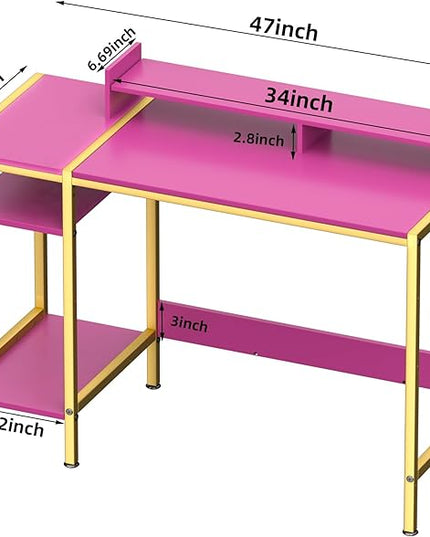 Computer Gaming Desk - 47" Home Office Desk with Storage, Writing Desk with Monitor Stand, Modern Simple Study Corner Table, Adjustable Storage Space, Pink - LeafyLoom