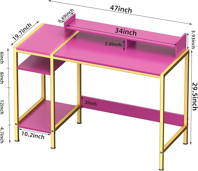 Computer Gaming Desk - 47" Home Office Desk with Storage, Writing Desk with Monitor Stand, Modern Simple Study Corner Table, Adjustable Storage Space, Pink - LeafyLoom