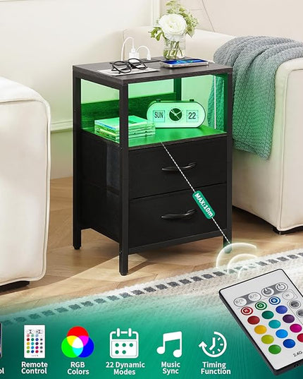 Yoobure Nightstand with Charging Station, LED Night Stand with Fabric Drawers and Storage Shelf for Bedroom, Nightstands Bedside Tables with USB Ports & Outlets, Small Night Stands, Bed Side Table - LeafyLoom