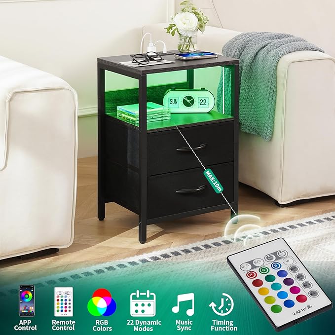 Yoobure Nightstand with Charging Station, LED Night Stand with Fabric Drawers and Storage Shelf for Bedroom, Nightstands Bedside Tables with USB Ports & Outlets, Small Night Stands, Bed Side Table - LeafyLoom