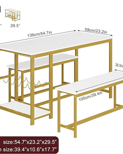 3-Piece Kitchen Table for 4, 55" Dining Table Set with 2 Benches, Dining Room Table with Metal Frame, Storage Shelf, Wine and Glass Rack, Modern (white) (White) - LeafyLoom
