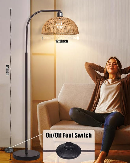 Boho Floor Lamp with Remote- Bronze Floor Lamps with Stepless Dimmable Bulb, Remote Control, Hand-Worked Adjustable Rattan Lamp Shades, Brown Rattan Standing Lamp for Living Room, Bedroom, Office - LeafyLoom