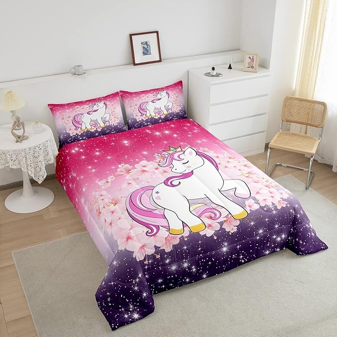 Unicorn Comforter Set King Glitter Bedding Set Cherry Blossoms Duvet Insert Kids Cartoon Kawaii Animal Down Comforter Ombre Galaxy Stars Fantasy Girls Room Decor Quilt Set Aesthetic Pink Purple - LeafyLoom