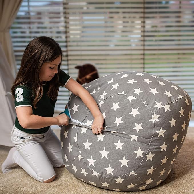 Wekapo Stuffed Animal Storage Bean Bag Chair Cover for Kids | Stuffable Zipper Beanbag for Organizing Children Plush Toys Large Premium Cotton Canvas (Grey star, X-Large) - LeafyLoom