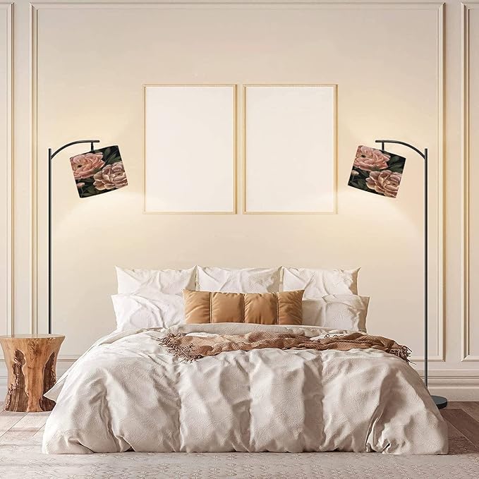 Modern Arc Floor Lamp with Dimmer Mid Century Floral seamless Botanical realistic peonies dark Vintage hand drawn Metal Standing Lamp with Linen Shade Footswitch for Living Room Bedroom Office - LeafyLoom