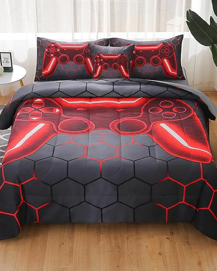 JQinHome Queen Gamer Comforter Set for Boys Girls Kids,6 Piece Bed in A Bag 3D Video Game Bedding -All Season Soft Microfiber Down Alternative Comforter Gamer Bedding Sets with Sheets （Red） - LeafyLoom