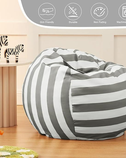 EXQ Home Kids Bean Bag Chairs Cover -Stuffed Animal Bean Bag Storage Grey and White Stripes-Zipper Bean Bag for Organizing Children Plush Toys Holiday Gift for Girl,Boys (XL) - LeafyLoom