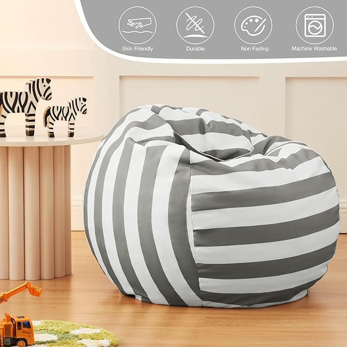 EXQ Home Kids Bean Bag Chairs Cover -Stuffed Animal Bean Bag Storage Grey and White Stripes-Zipper Bean Bag for Organizing Children Plush Toys Holiday Gift for Girl,Boys (XL) - LeafyLoom