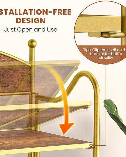 Folding Bookshelf No Assembly, 5 Shelf Gold Folding Bookcase, Industrial Tall Metal Collapsible Corner Book Shelf with Storage Shelves for Bedroom, Living Room, Home Office Organization - LeafyLoom