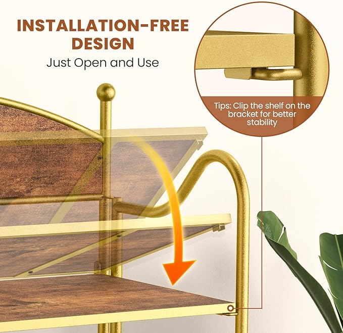 Folding Bookshelf No Assembly, 4 Shelf Gold Folding Bookcase with Sturdy Metal Frame, Vintage Open Standing Collapsible Shelves for Bedroom, Living Room, Home Office Organization - LeafyLoom