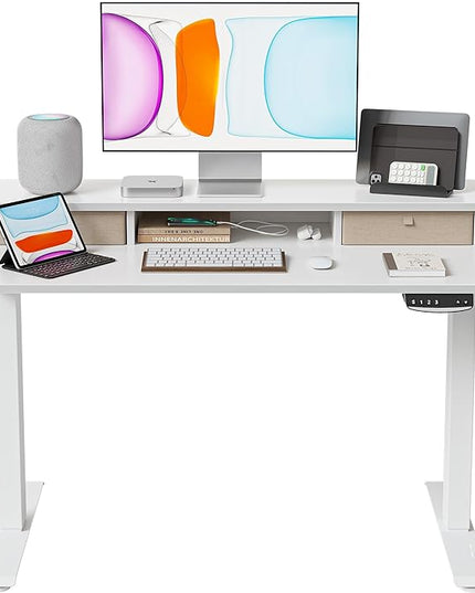 BANTI 40x24 Inch Electric Standing Desk with Double Drawers, Adjustable Height Stand Up Desk, Sit Stand Home Office Desk with Storage Shelf, White Top - LeafyLoom