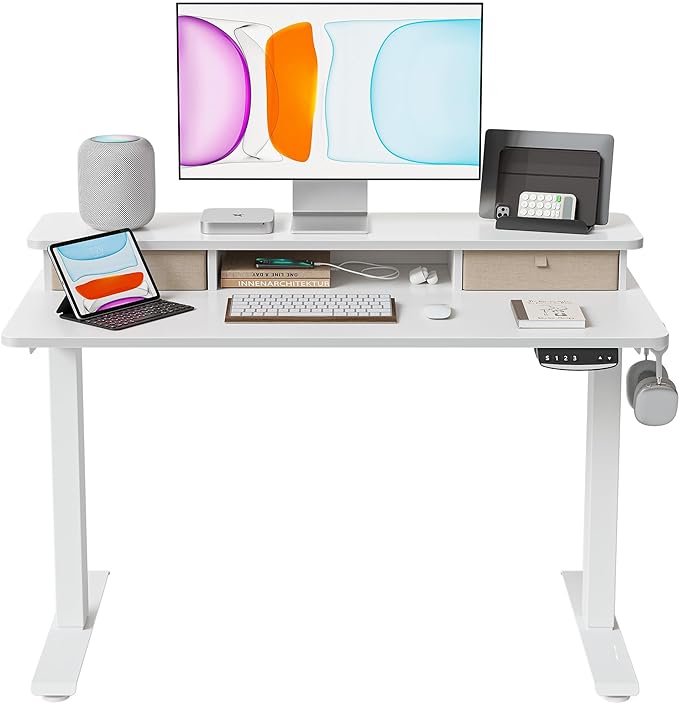 BANTI 40x24 Inch Electric Standing Desk with Double Drawers, Adjustable Height Stand Up Desk, Sit Stand Home Office Desk with Storage Shelf, White Top - LeafyLoom