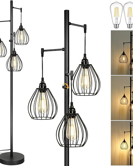 Dimmable Floor Lamp, Farmhouse Industrial Standing Lamp with 3 PCS 7W LED Edison Bulbs & 3 Light Elegant Teardrop Cage Heads, Black Rustic Tree Tall Vintage Pole Lamps for Living Room Bedroom Office - LeafyLoom