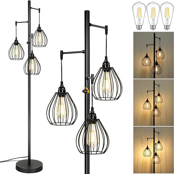 Dimmable Floor Lamp, Farmhouse Industrial Standing Lamp with 3 PCS 7W LED Edison Bulbs & 3 Light Elegant Teardrop Cage Heads, Black Rustic Tree Tall Vintage Pole Lamps for Living Room Bedroom Office - LeafyLoom